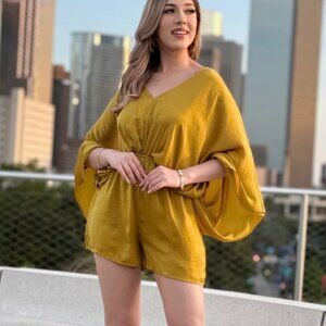AAKAA GOLDEN MUSTARD KIMONO SLEEVE ROMPER NWT SM